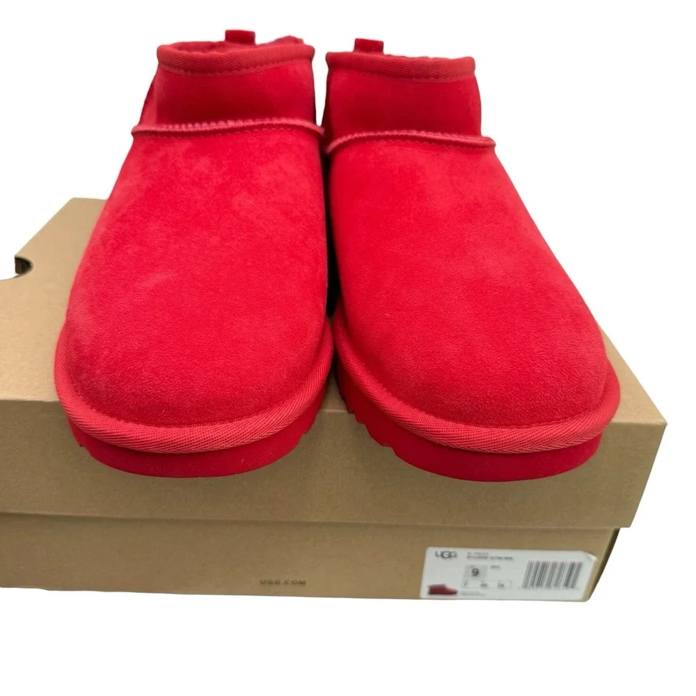 UGG Classic Ultra Mini Samba Red Suede Fur Comfort Womens Boots SZ US 9 NIB Read